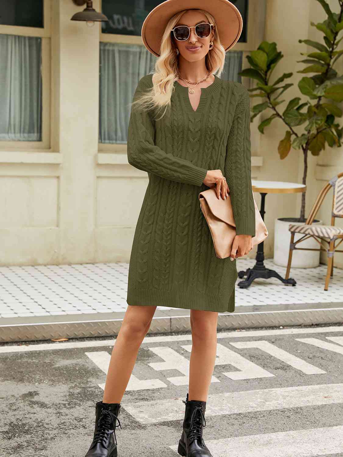 Notched Neck Cable-Knit Slit Sweater Dress sweater Luxurious Weddings