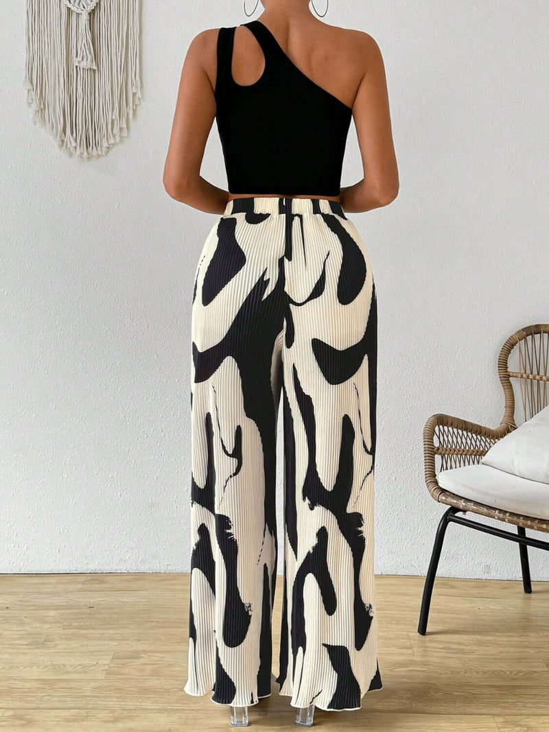 Cutout One Shoulder Top and Printed Pants Set Matching Sets Luxurious Weddings