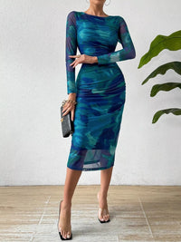 Watercolor Print Mesh Bodycon Midi Dress showcased on a model, featuring a blue and green watercolor pattern.