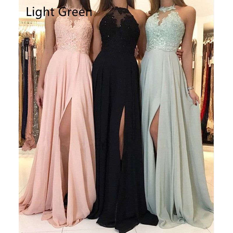 Halter Lace Chiffon Dress Prom Evening Dress Split Long Skirt