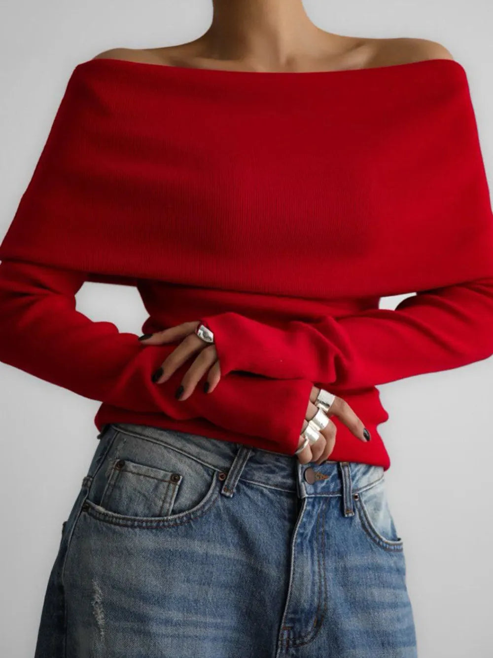 Off-Shoulder Long Sleeve Knit Top Sweater Luxurious Weddings