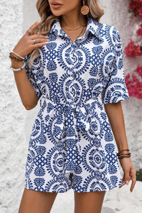 Blue Mandala Printed Short Sleeve Belted Shirt Romper Bottoms/Jumpsuits & Rompers Luxurious Weddings