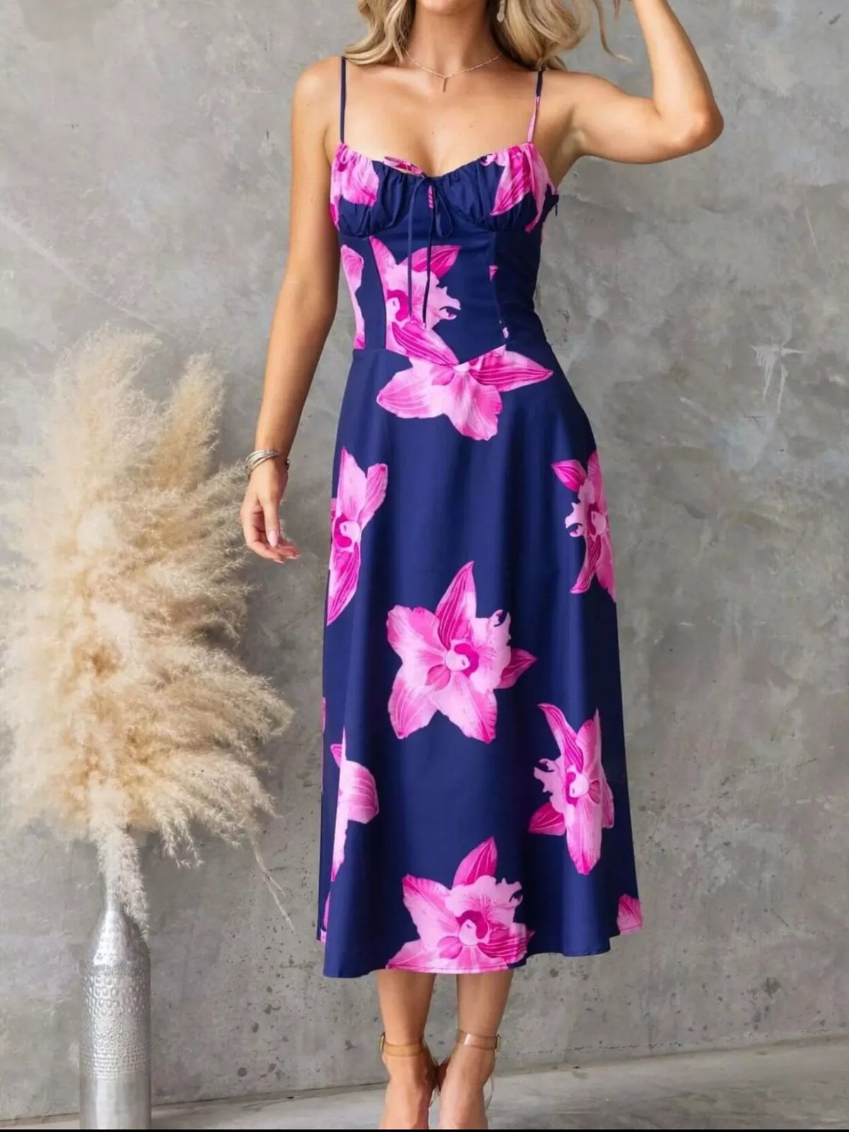 Floral Print Midi Cami Dress in navy blue with pink floral print, featuring a lace-up design and ruched details.