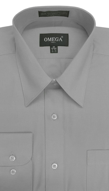 a gray dress shirt with a black label on it