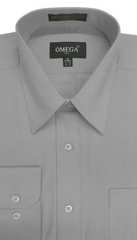 a gray dress shirt with a black label on it