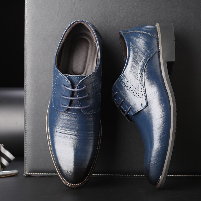 Formal plus size men's blue lace-up leather shoes, perfect for luxurious weddings and stylish daily use.