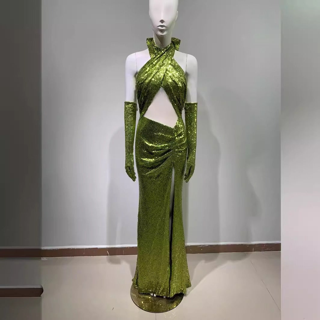 Elegant backless halterneck sexy sequined green bodycon Luxurious Weddings