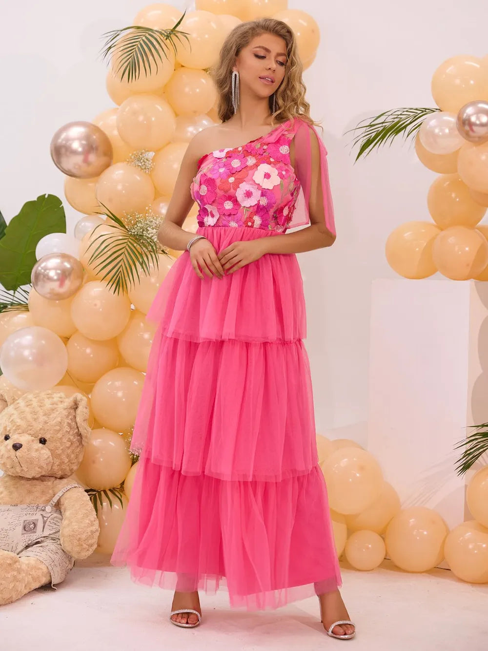 Embroidered Layered Single Shoulder Midi Dress Midi dresses Luxurious Weddings