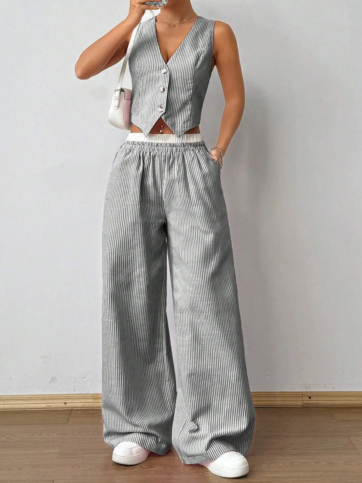 Striped Vest Top and Wide Leg Pants Two-Piece Set Coords Luxurious Weddings