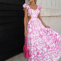 Summer Padded Shoulder Women's Printed Wear Hollow Length Dress Luxurious Weddings