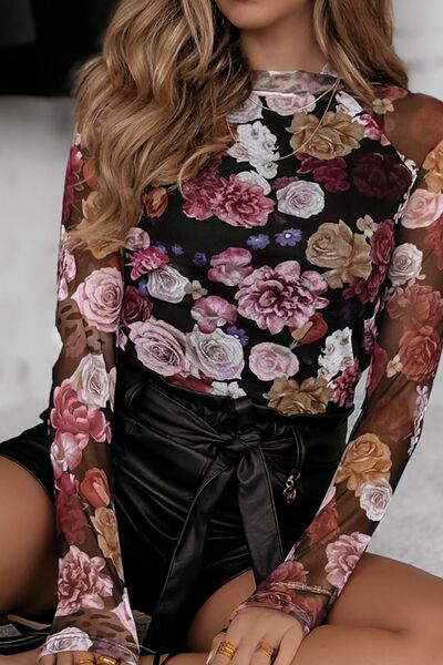 Floral Mock Neck Long Sleeve Mesh Top Tops/Blouses & Shirts Luxurious Weddings