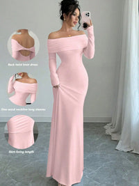 Off-shoulder long sleeve bodycon maxi dress in pink, featuring a back twist knot design, perfect for luxurious weddings.