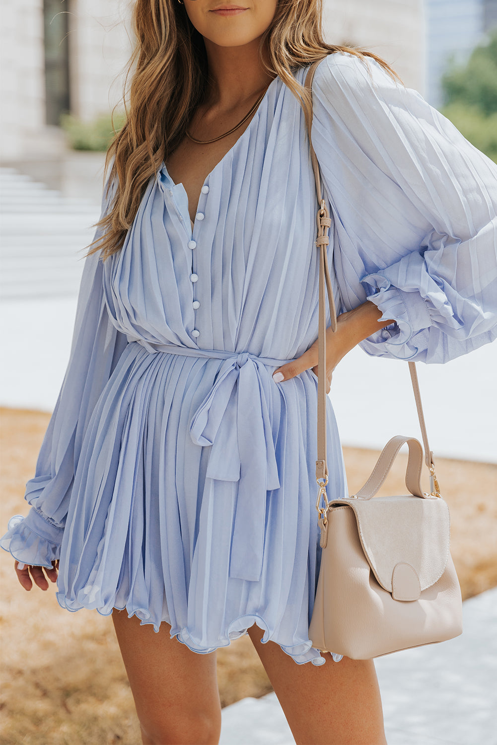 Sky Blue Pleated Ruffled Tie Waist Buttons V Neck Romper Bottoms/Jumpsuits & Rompers Luxurious Weddings