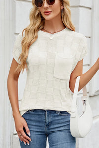 Checkered Round Neck Short Sleeve Knit Top Sweater Luxurious Weddings