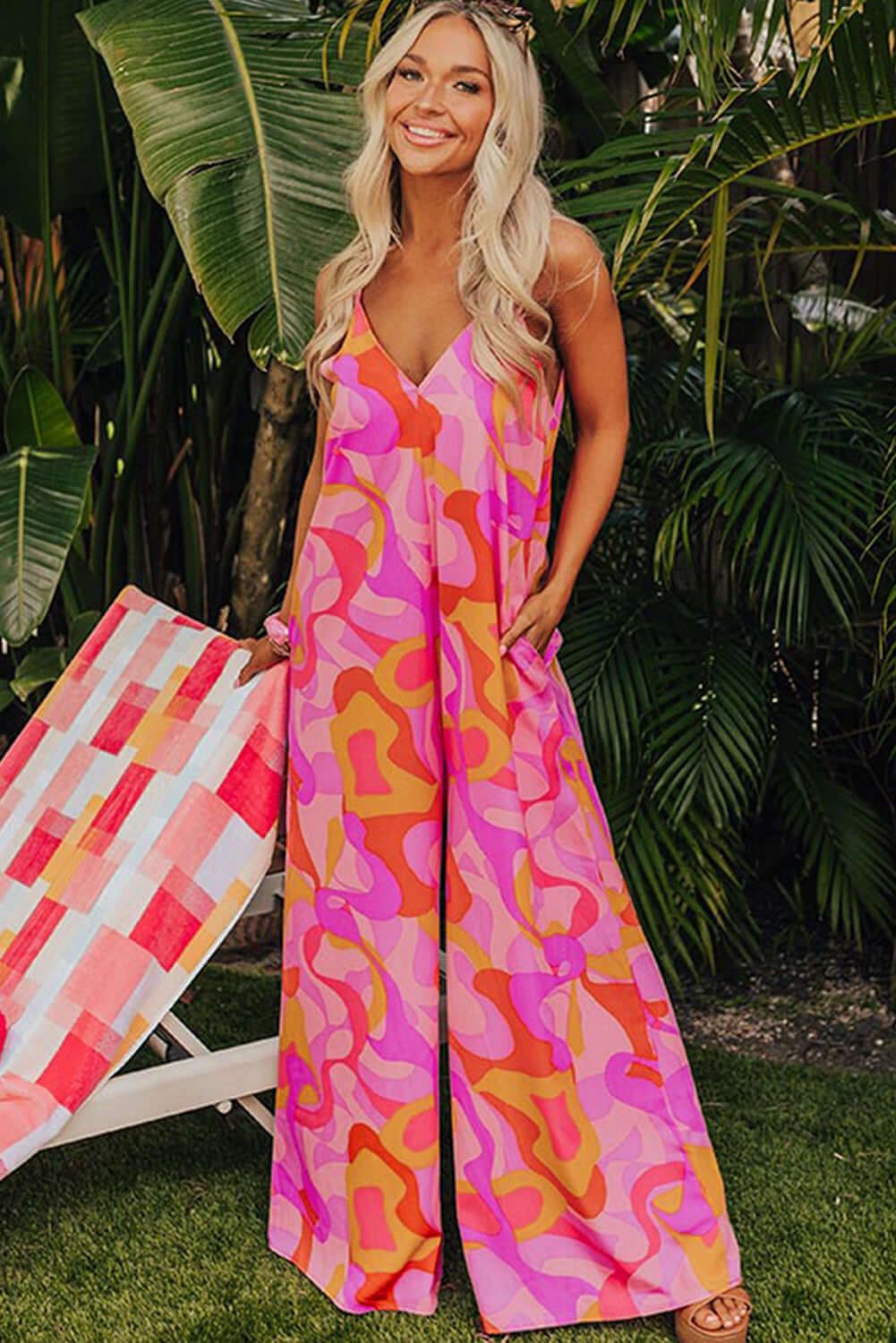 Pink Boho Abstract Print V Neck Wide Leg Jumpsuit Bottoms/Jumpsuits & Rompers Luxurious Weddings