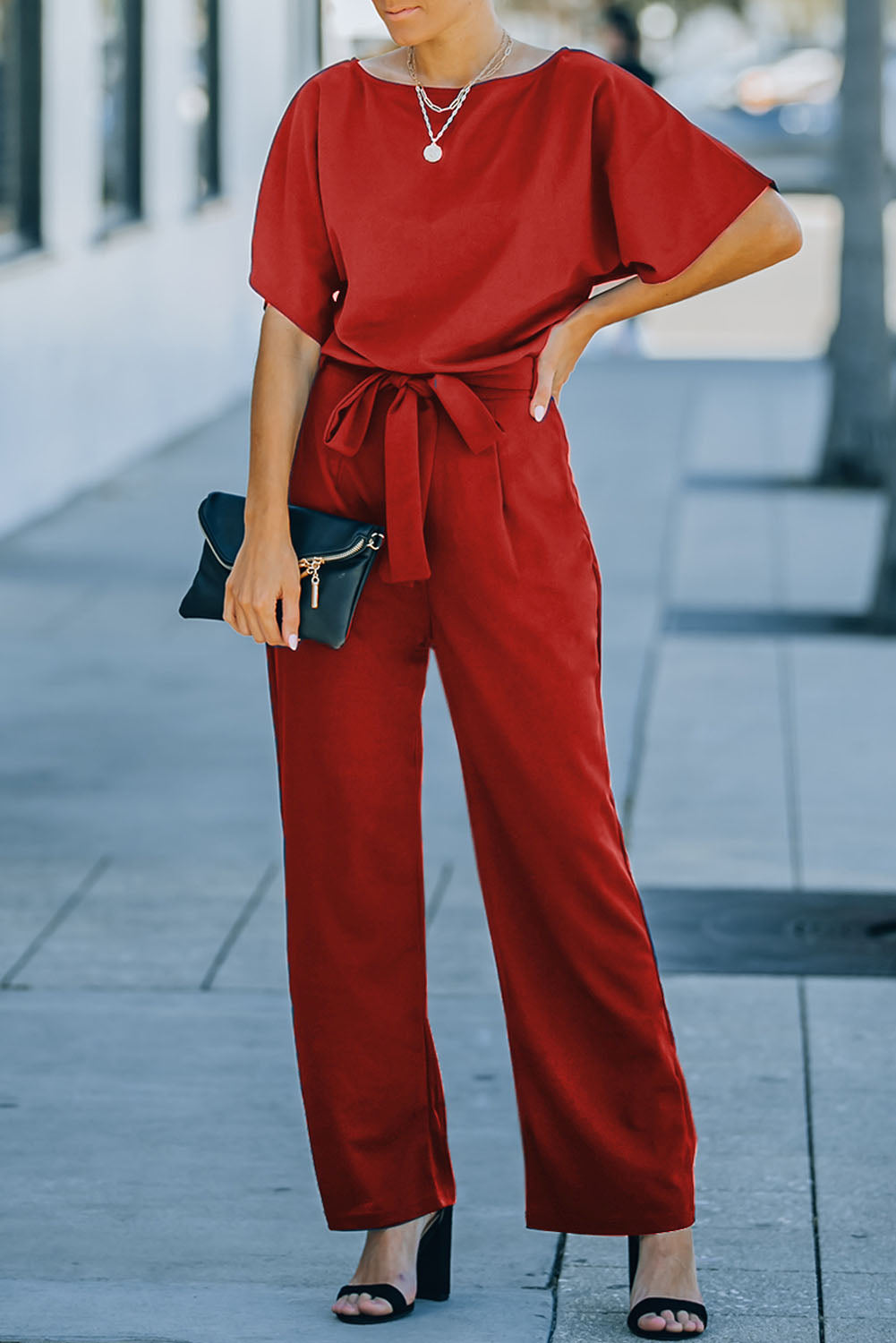 Fiery Red Belted Wide Leg Jumpsuit Bottoms/Jumpsuits & Rompers Luxurious Weddings