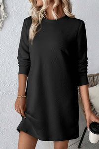 Black Solid Color Textured Long Sleeve Shift Dress Dresses/Mini Dresses Luxurious Weddings