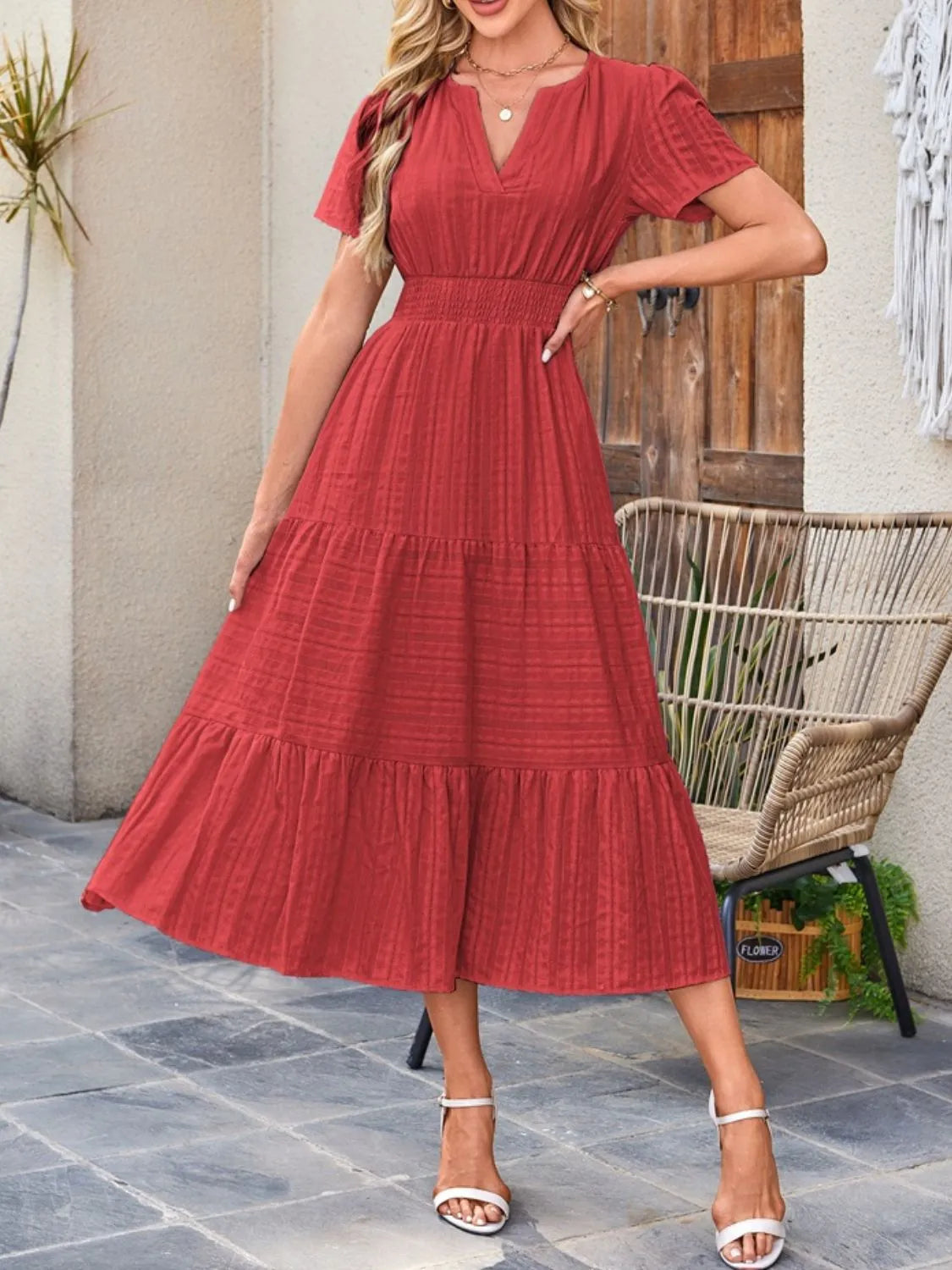 Tiered Notched Short Sleeve Dress summer dress Luxurious Weddings