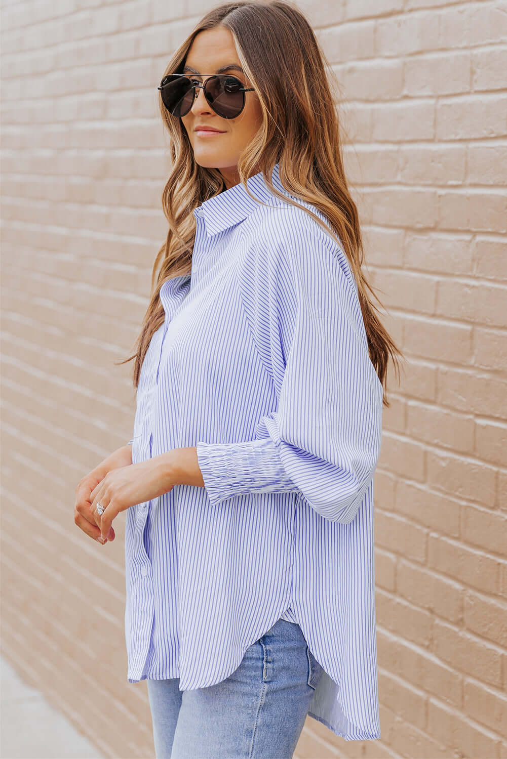 Sky Blue Smocked Cuffed Striped Boyfriend Shirt with Pocket Tops/Blouses & Shirts Luxurious Weddings