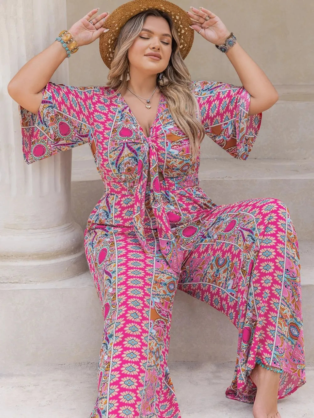 Plus Size Printed Half Sleeve Wide Leg Jumpsuit Plus size jumpsuit Luxurious Weddings