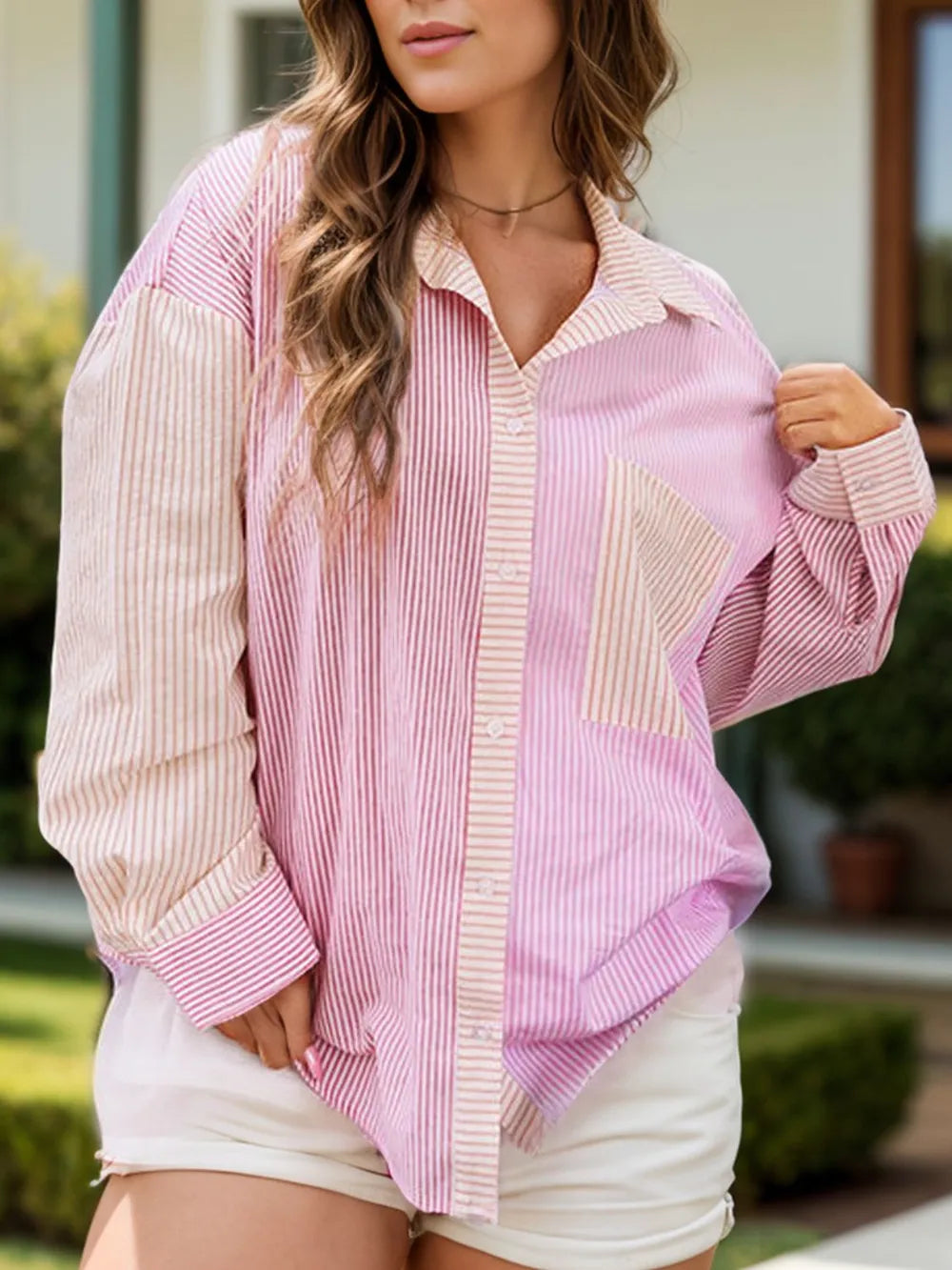 Plus Size Striped Collared Neck Long Sleeve Shirt Plus size women’s shirt Luxurious Weddings