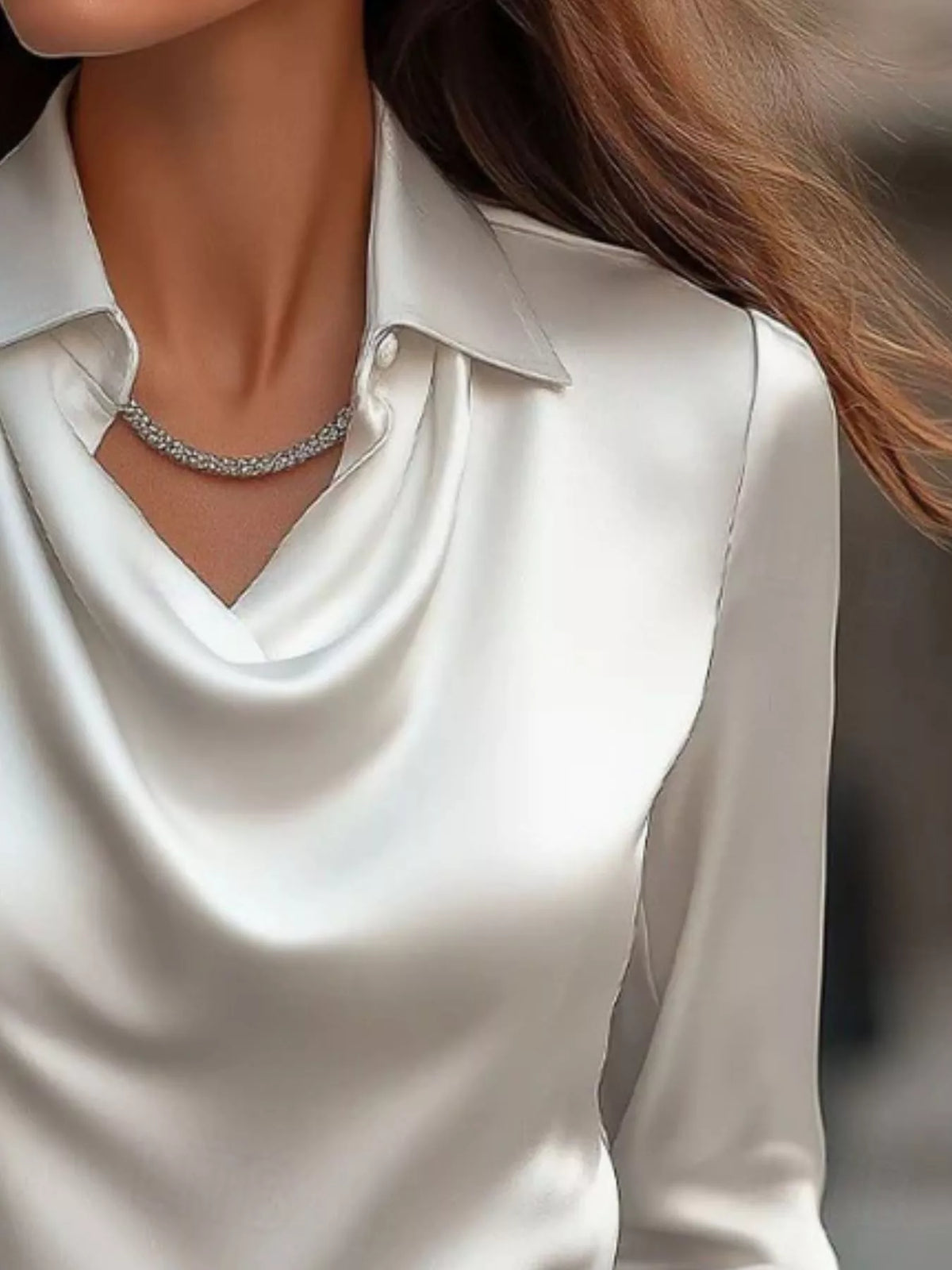 Ruched Long Sleeve Drape Collar Blouse featuring a draped collar and elegant satin finish.