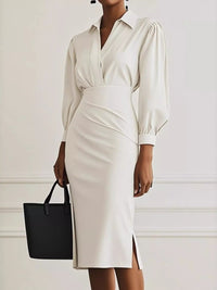 Ruched Midi Shirt Dress with Side Slit featuring a sleek design and side slit, ideal for casual or formal occasions.