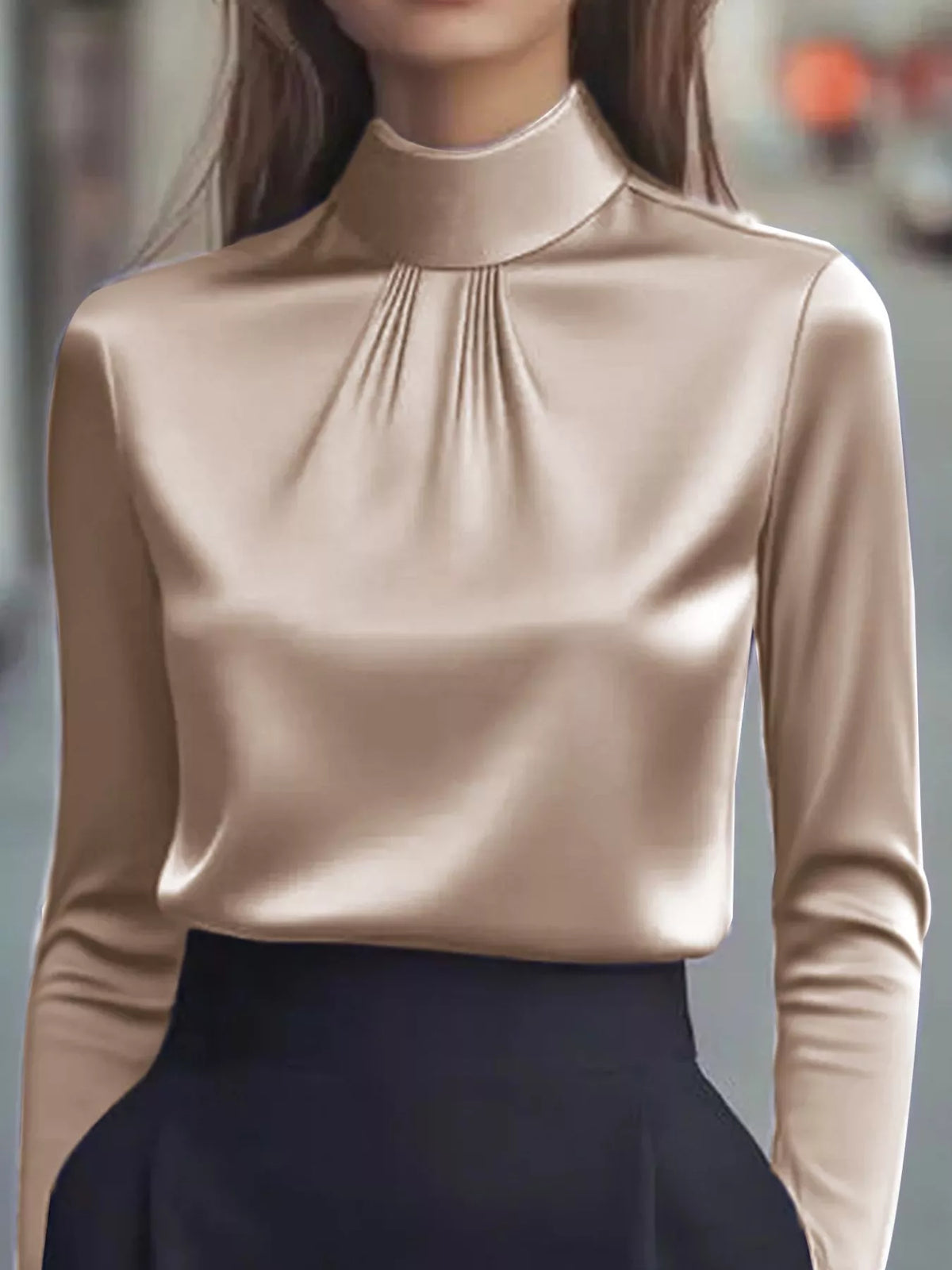 Mock Neck Long Sleeve Blouse with Pleated Detail in beige satin fabric.