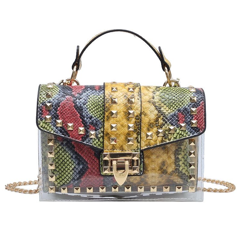 Luxurious women's handbag with multicolor snake print and gold studs, perfect for weddings and stylish occasions.