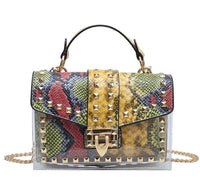 Luxurious women's handbag with multicolor snake print and gold studs, perfect for weddings and stylish occasions.