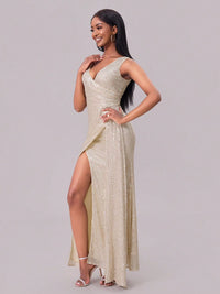 Slit Sequin Surplice Sleeveless Maxi Dress Ball gown Luxurious Weddings