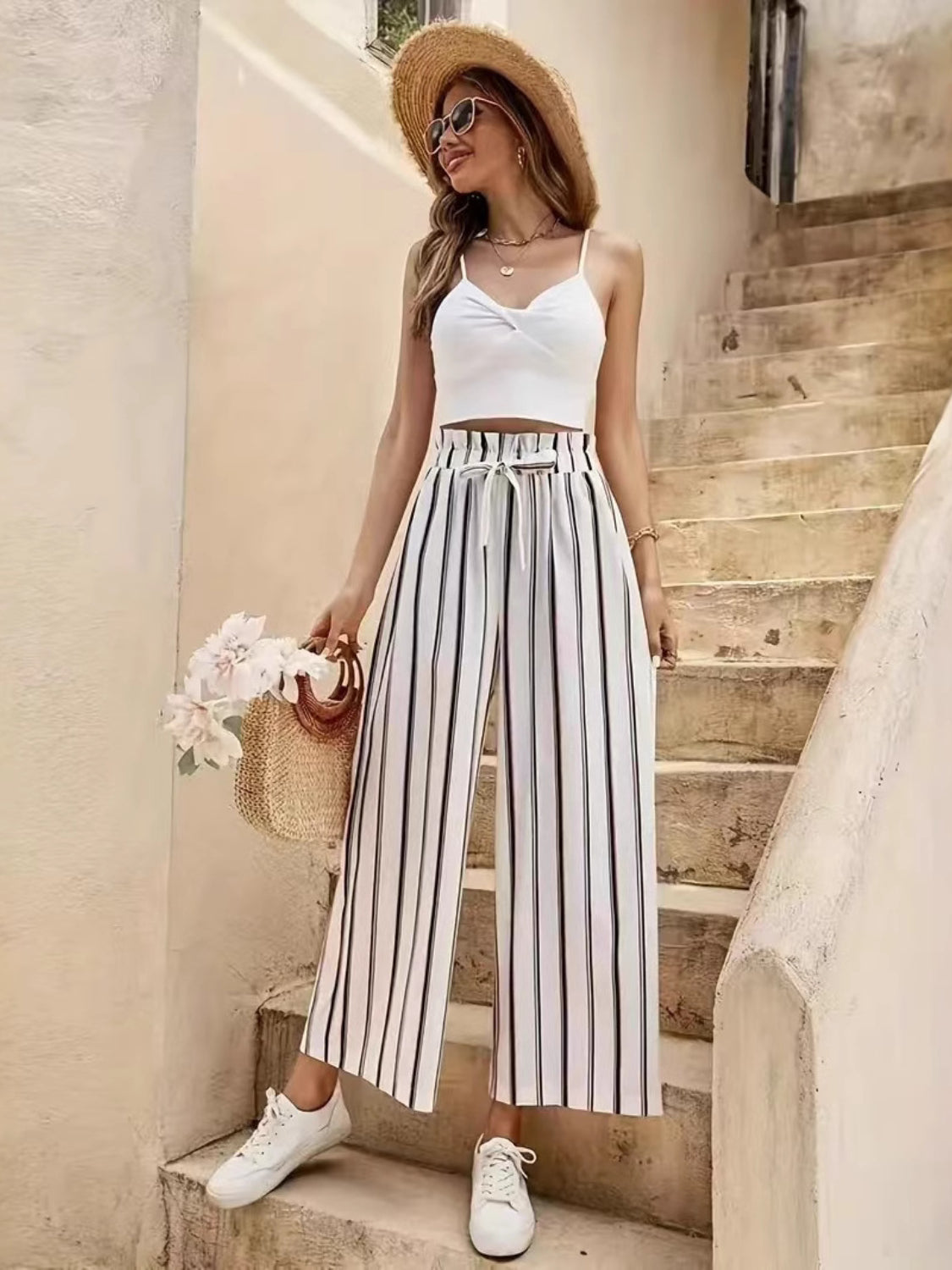 Tied Striped Wide Leg Pants Pants Luxurious Weddings