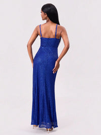 Slit Sequin Square Neck Spaghetti Strap Dress Dresses/Sequin Dresses Luxurious Weddings