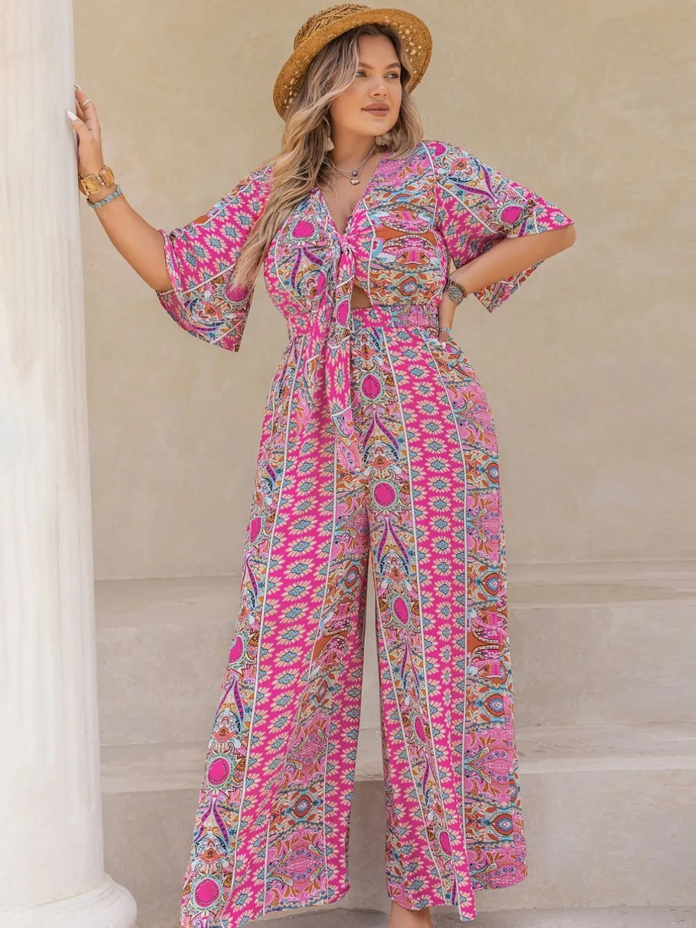 Plus Size Printed Half Sleeve Wide Leg Jumpsuit Plus size jumpsuit Luxurious Weddings
