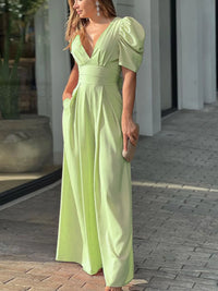 Full Size Cutout V-Neck Puff Sleeve Jumpsuit Plus Size Jumpsuits Luxurious Weddings