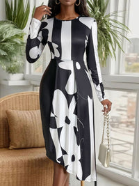 Perfee Asymmetrical Slit Round Neck Long Sleeve Midi Dress Midi Dress Luxurious Weddings