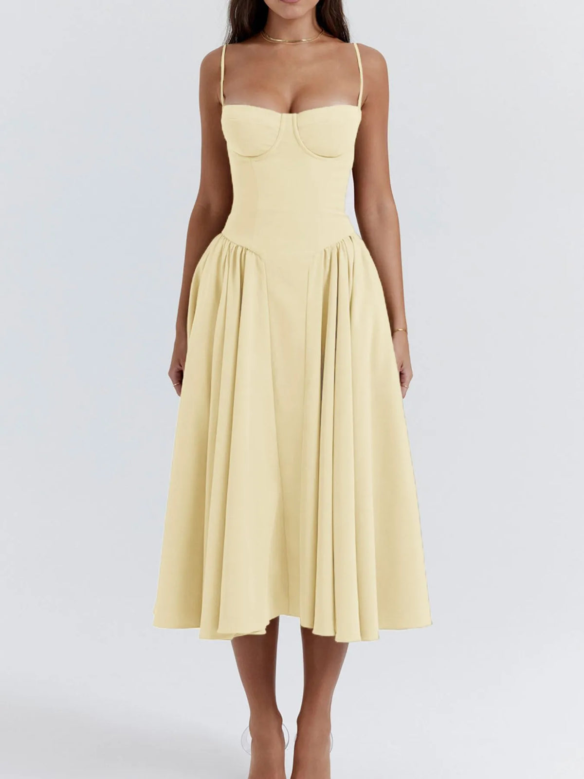 Ruched sweetheart neck cami dress in yellow, featuring a flared skirt and slightly stretchy fabric.