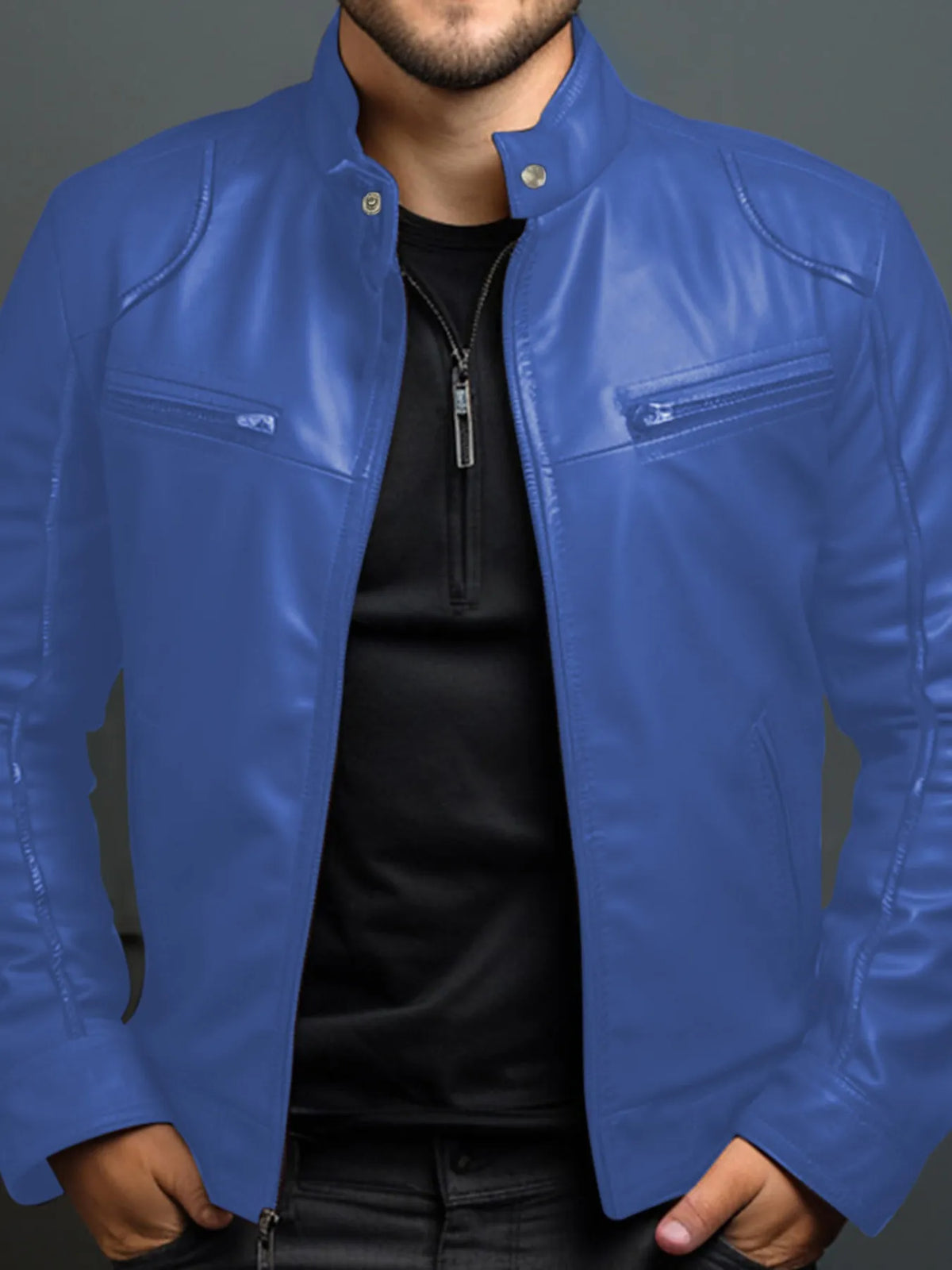 Men's Full Size Leather Motorcycle Jacket with Zipper Front Plus Size in blue, showcasing stylish design and zipper details.