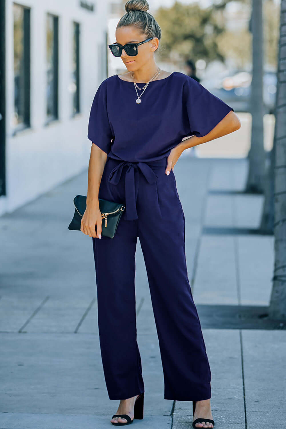 Blue Belted Wide Leg Jumpsuit Bottoms/Jumpsuits & Rompers Luxurious Weddings