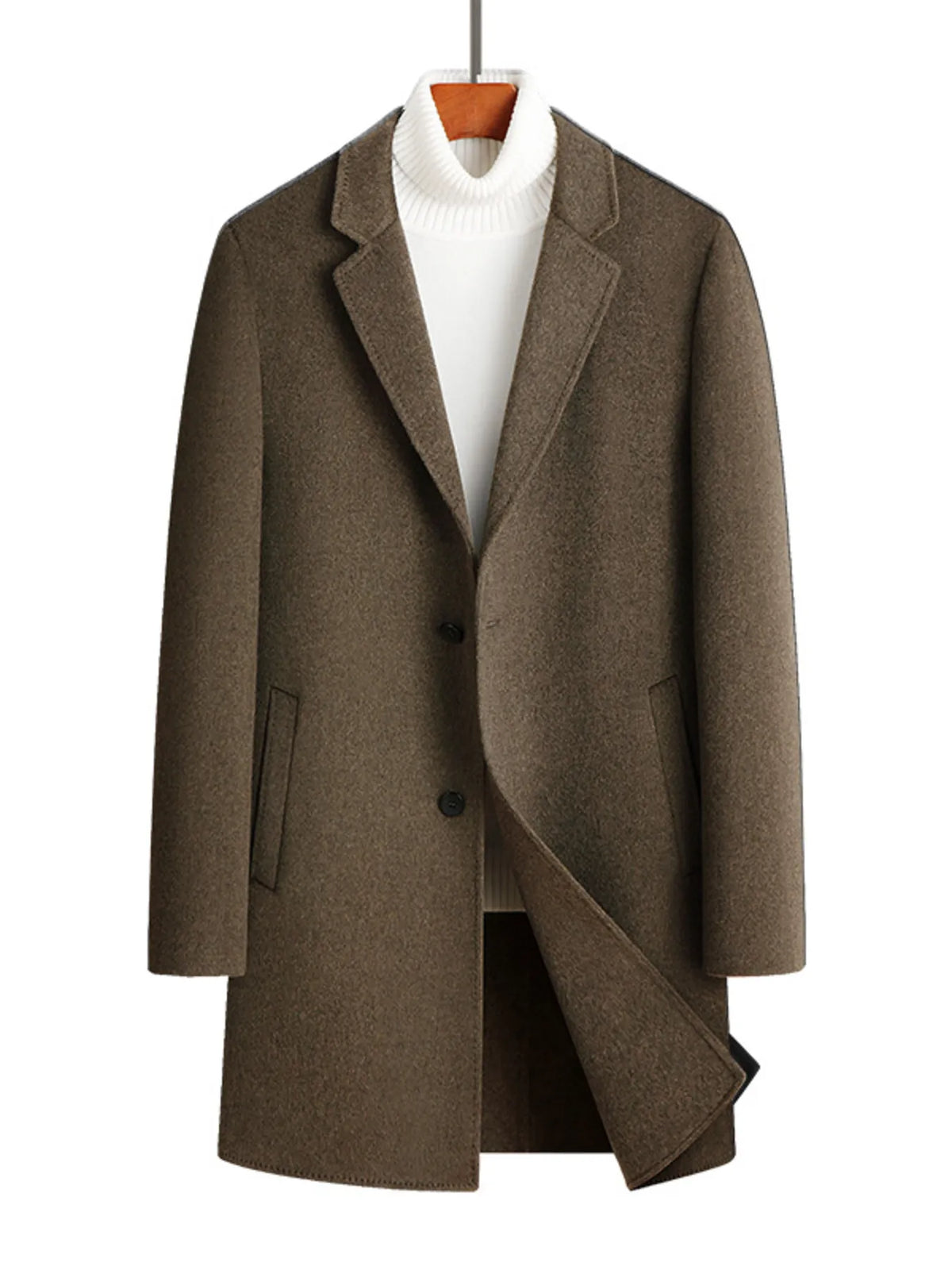 Men's plus size thick wool blend button up long sleeve coat in brown, perfect for stylish warmth.