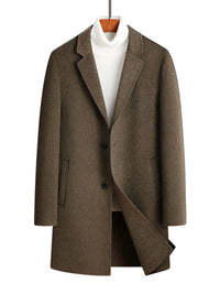 Men's plus size thick wool blend button up long sleeve coat in brown, perfect for stylish warmth.