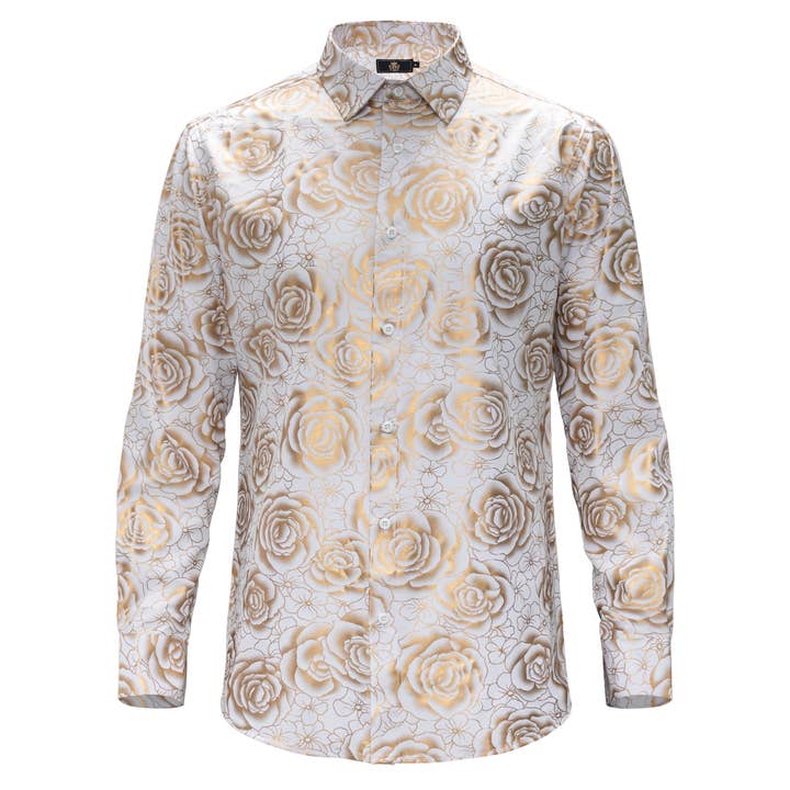 Men's Nightclub White/Gold Shiny Flowered Shirt Men Shirts Luxurious Weddings