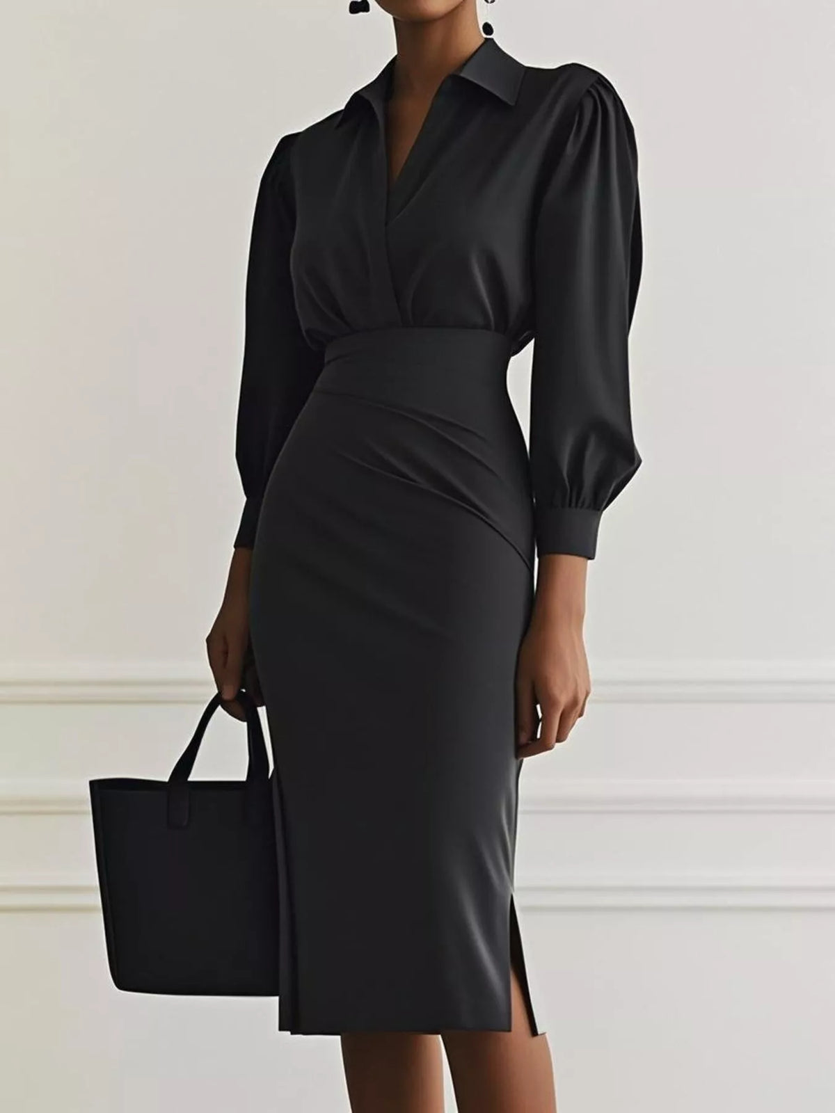 Ruched Midi Shirt Dress with Side Slit in black, featuring a side slit and puff sleeves.