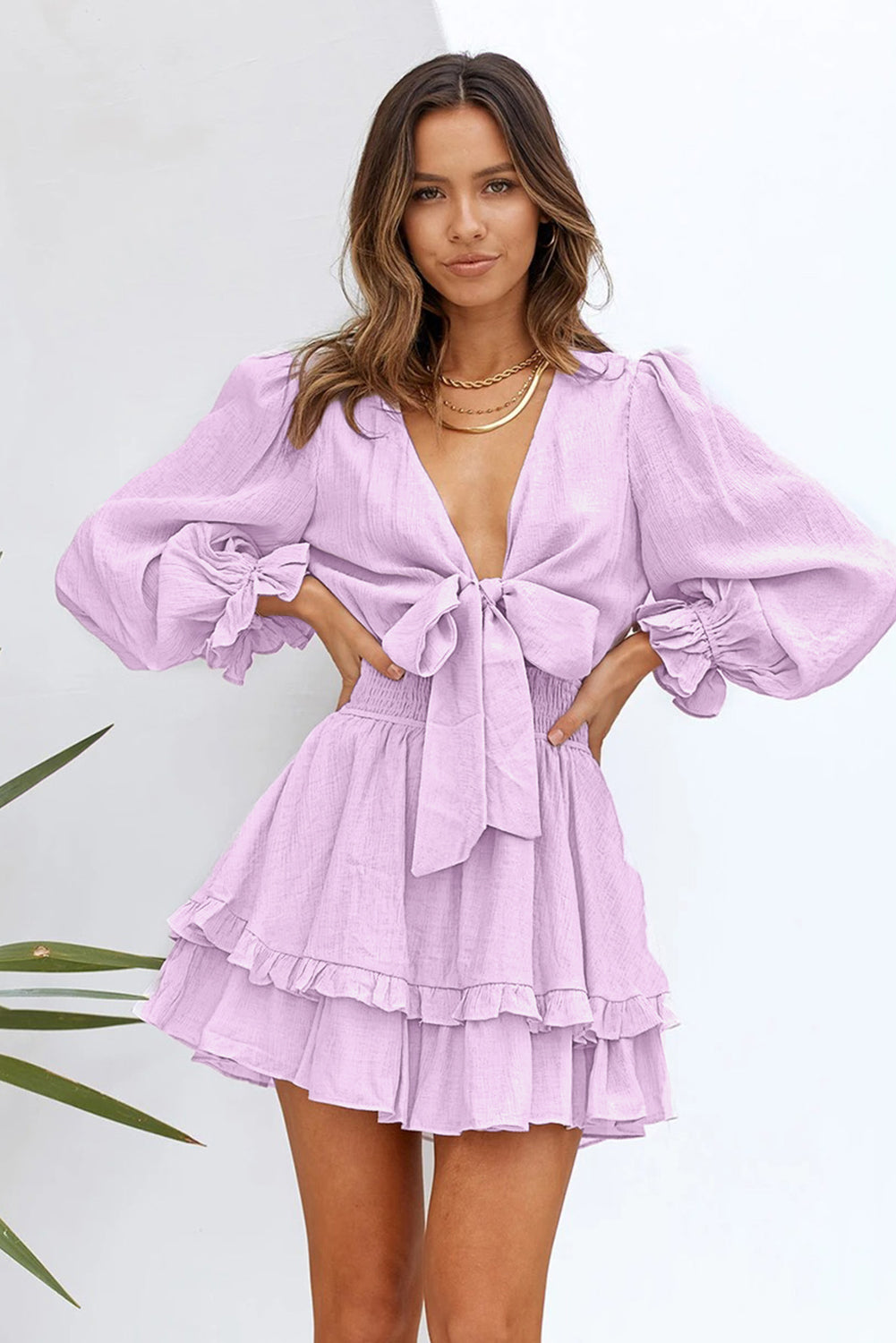 Deep V Neck Lantern Sleeve Knotted Tiered Mini Dress