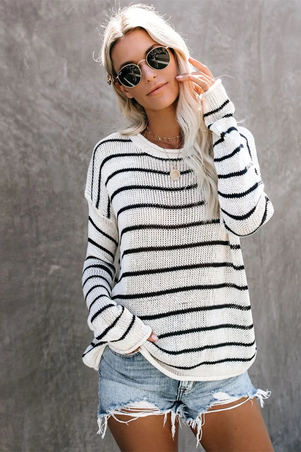 Striped Round Neck Drop Shoulder Sweater Sweater Luxurious Weddings