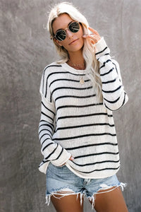 Striped Round Neck Drop Shoulder Sweater Sweater Luxurious Weddings