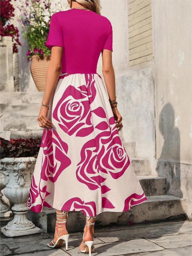 Rose Printed Round Neck Short Sleeve Dress Casual Dress Luxurious Weddings