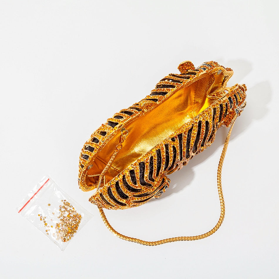 Tiger Crystal Evening Clutch Bag with gold and black embellishments, perfect for luxurious weddings and elegant events.