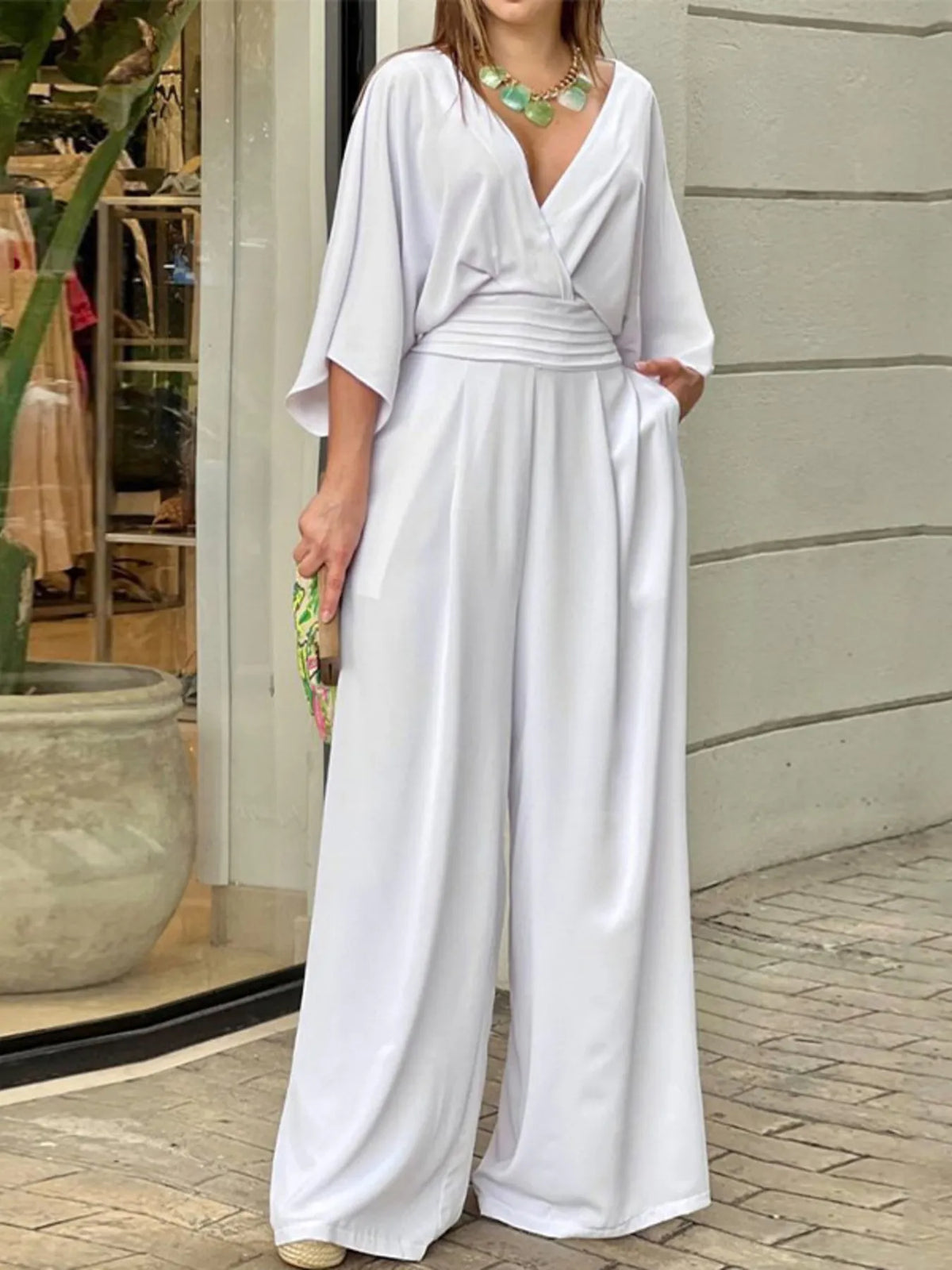 Full Size Wide-Leg Wrap Jumpsuit with Kimono Sleeves Plus Size Jumpsuit Luxurious Weddings