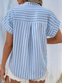 Perfee Half Button Striped Short Sleeve Blouse BLOUSES Luxurious Weddings